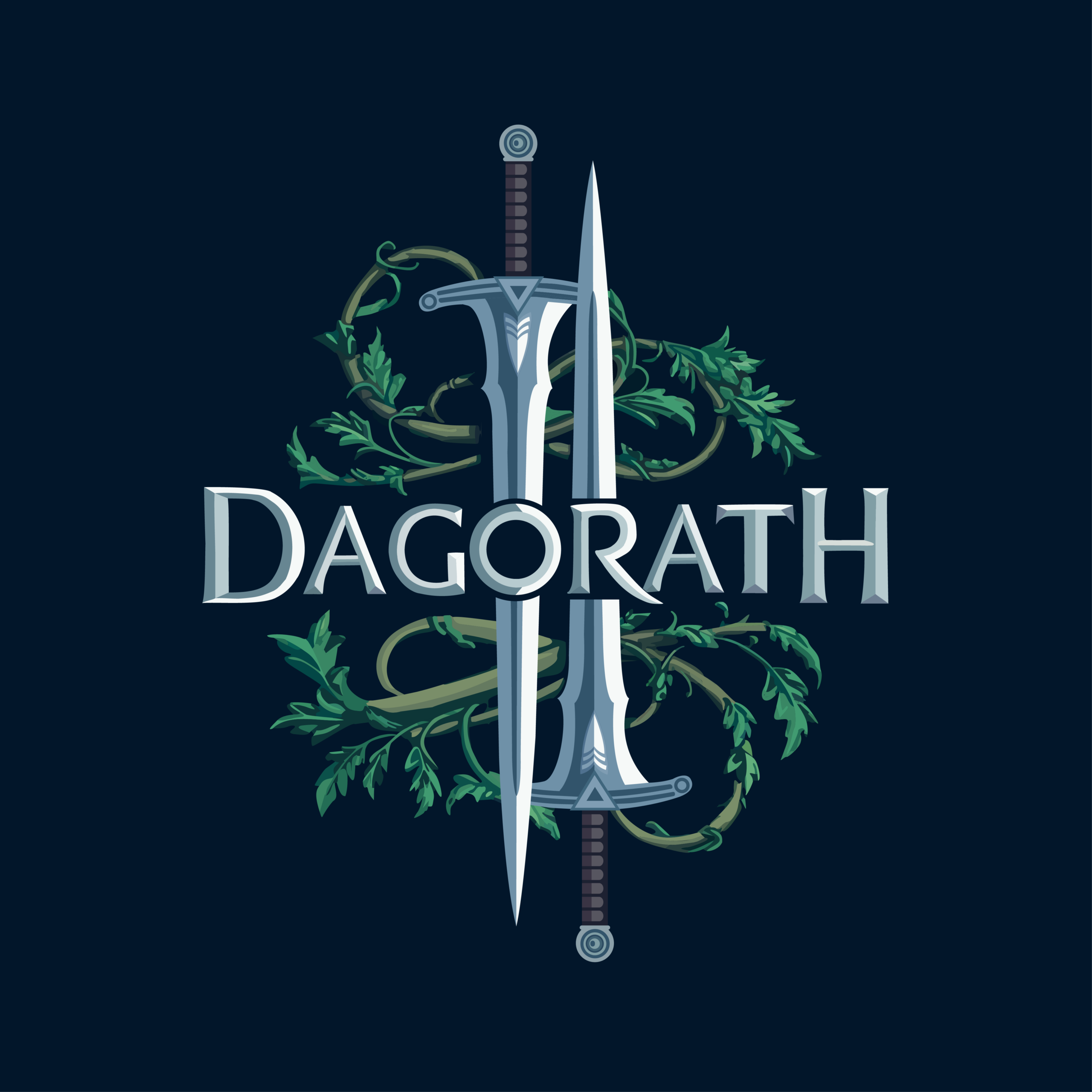 Event logo with DAGORATH in large letters, two steel swords and green vines 