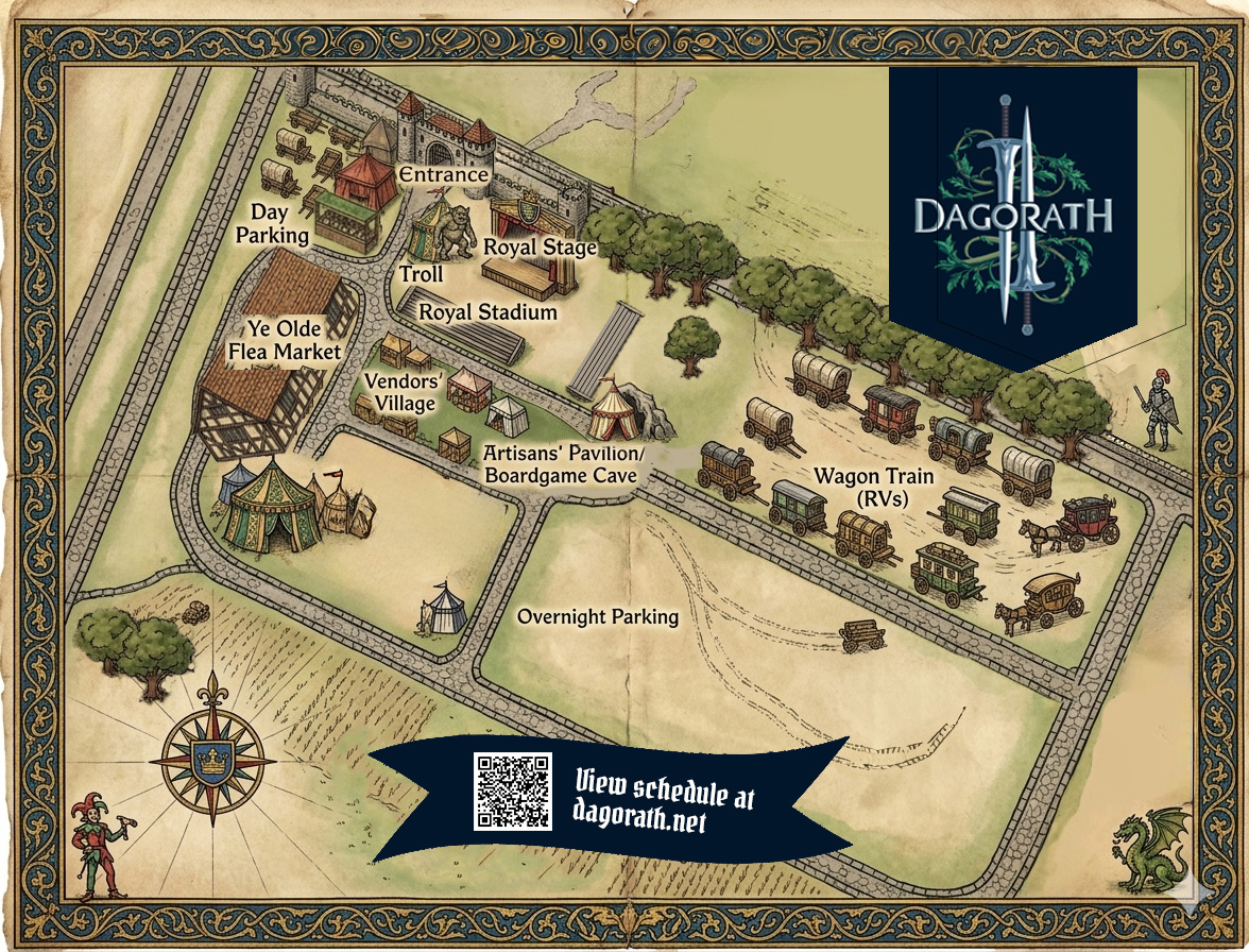 illustrated map of the site with fields, a stage, and buildings